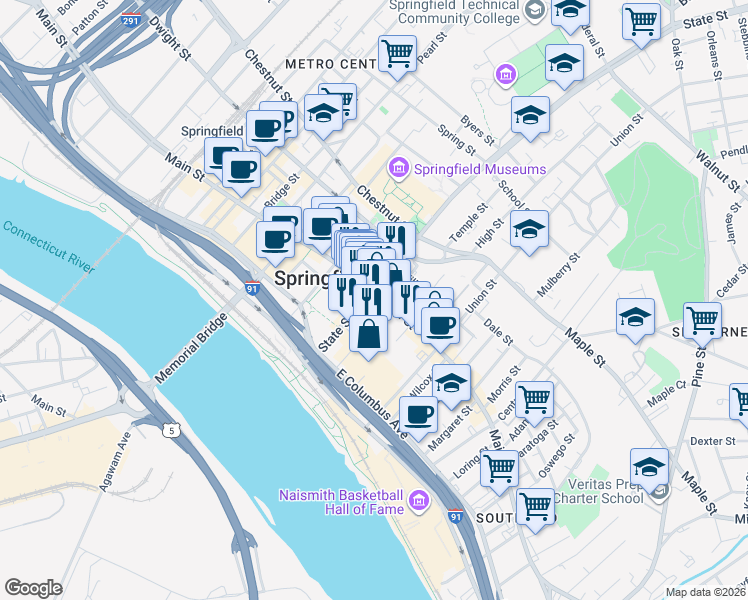 map of restaurants, bars, coffee shops, grocery stores, and more near 101 State Street in Springfield