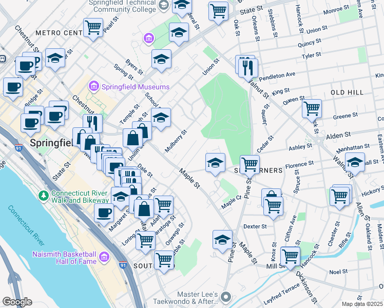 map of restaurants, bars, coffee shops, grocery stores, and more near 41-43 Avon Place in Springfield