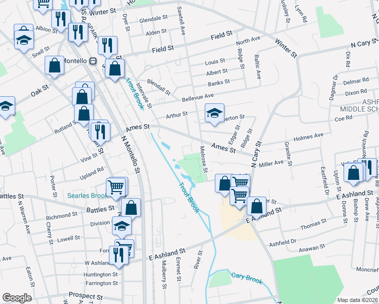 map of restaurants, bars, coffee shops, grocery stores, and more near 160 Melrose Street in Brockton
