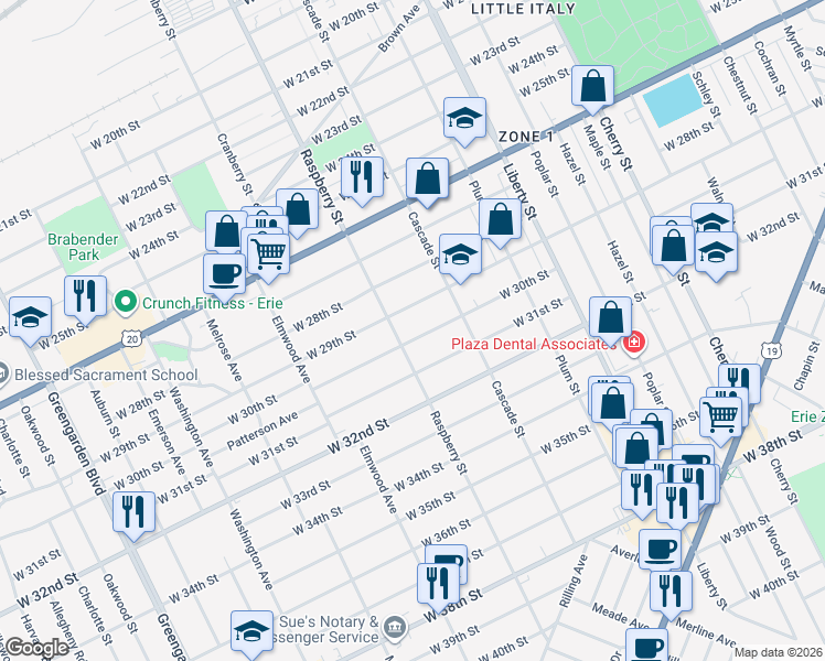 map of restaurants, bars, coffee shops, grocery stores, and more near 1050 W 30th St in Erie