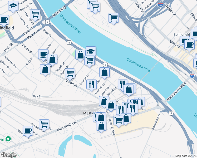 map of restaurants, bars, coffee shops, grocery stores, and more near 22 Sprague Street in West Springfield