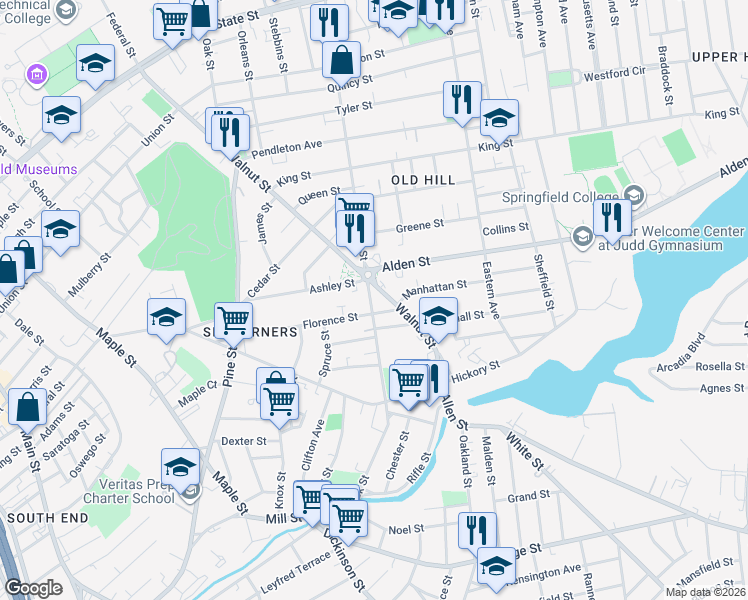 map of restaurants, bars, coffee shops, grocery stores, and more near 311 Hancock Street in Springfield