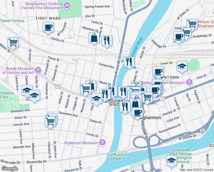 map of restaurants, bars, coffee shops, grocery stores, and more near 155 Front Street in Vestal