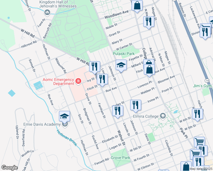 map of restaurants, bars, coffee shops, grocery stores, and more near 1005 Lincoln St in Elmira