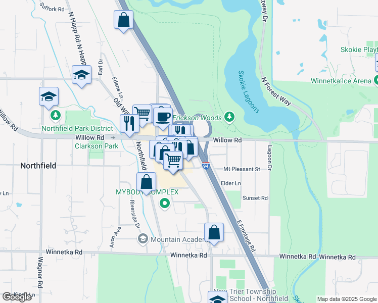 map of restaurants, bars, coffee shops, grocery stores, and more near 1721 Orchard Lane in Northfield