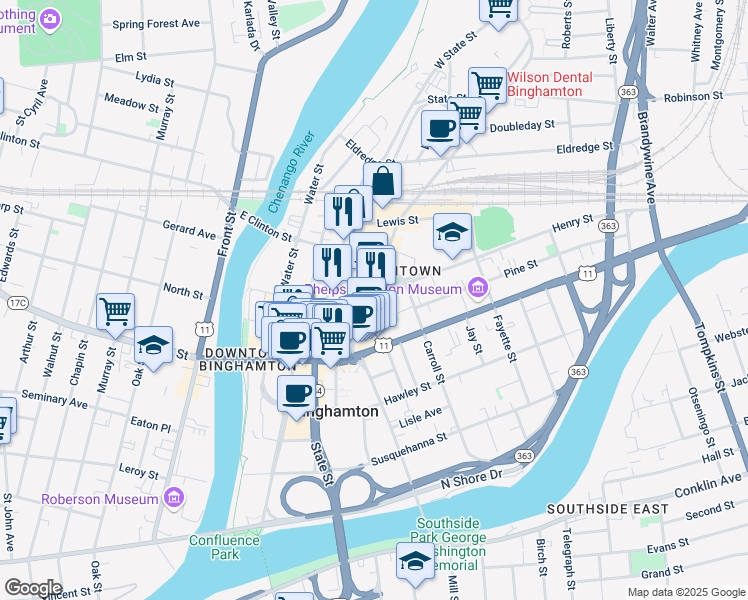 map of restaurants, bars, coffee shops, grocery stores, and more near 66 Chenango Street in Binghamton