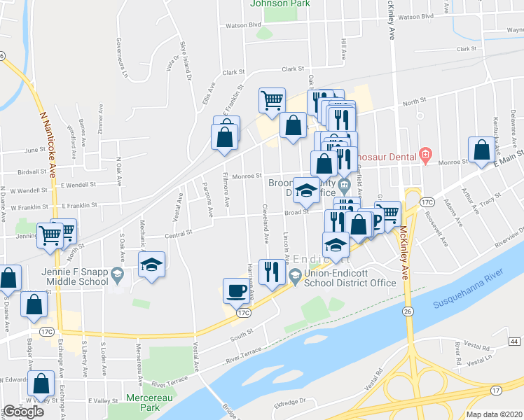 map of restaurants, bars, coffee shops, grocery stores, and more near 811 Broad Street in Endicott