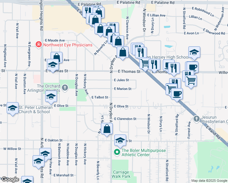 map of restaurants, bars, coffee shops, grocery stores, and more near 1315 North Dryden Avenue in Arlington Heights