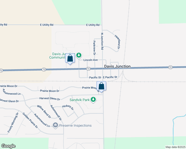 map of restaurants, bars, coffee shops, grocery stores, and more near 108 South Elm Street in Davis Junction