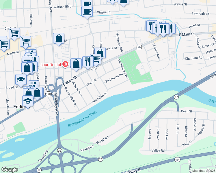 map of restaurants, bars, coffee shops, grocery stores, and more near 2101 Riverview Dr in Endicott