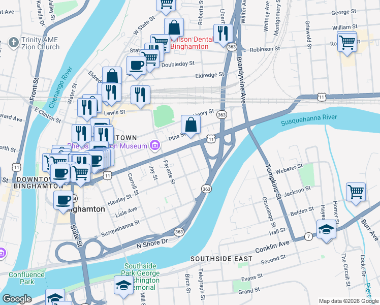 map of restaurants, bars, coffee shops, grocery stores, and more near 210 Court Street in Binghamton