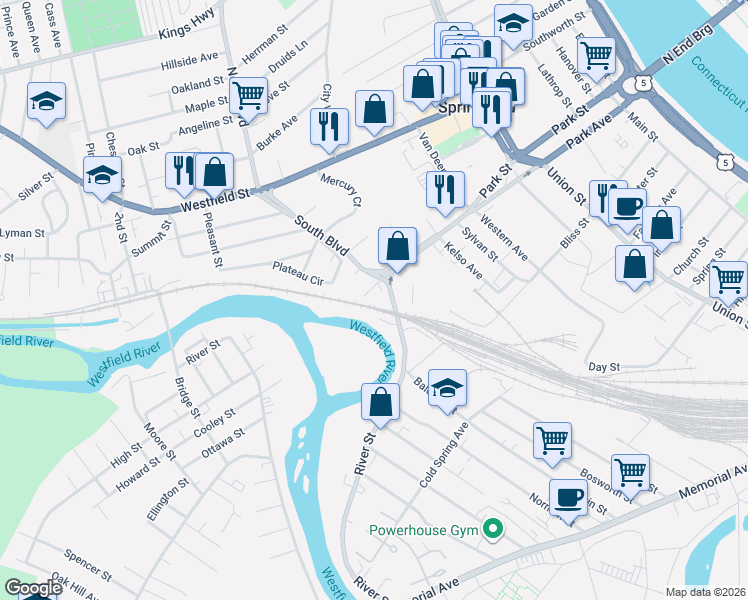 map of restaurants, bars, coffee shops, grocery stores, and more near 398 River St in West Springfield