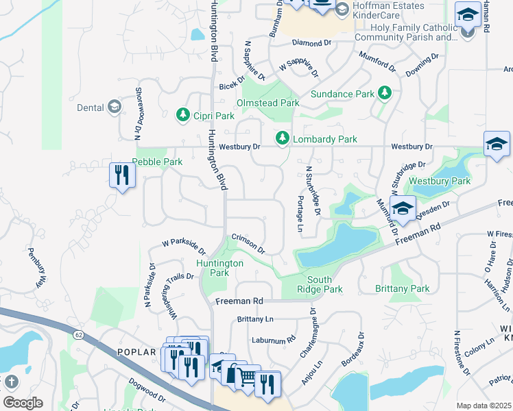map of restaurants, bars, coffee shops, grocery stores, and more near 1595 Buckthorn Drive in Hoffman Estates