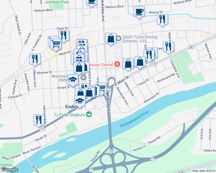map of restaurants, bars, coffee shops, grocery stores, and more near 437 McKinley Avenue in Endicott