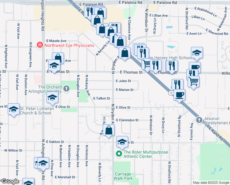map of restaurants, bars, coffee shops, grocery stores, and more near 1315 North Dryden Avenue in Arlington Heights