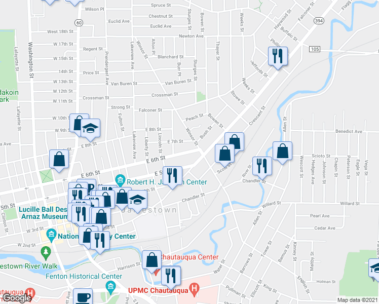 map of restaurants, bars, coffee shops, grocery stores, and more near 414 Winsor Street in Jamestown