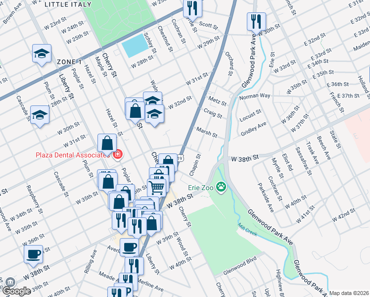 map of restaurants, bars, coffee shops, grocery stores, and more near 555 Richley Street in Erie