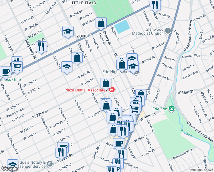 map of restaurants, bars, coffee shops, grocery stores, and more near in Erie