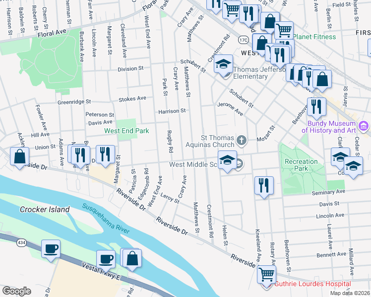 map of restaurants, bars, coffee shops, grocery stores, and more near 56 Crary Avenue in Binghamton