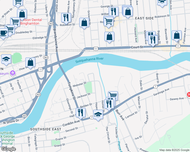map of restaurants, bars, coffee shops, grocery stores, and more near 19 Webster Court in Binghamton