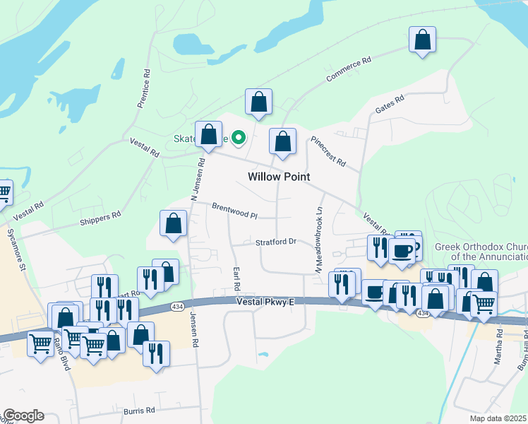 map of restaurants, bars, coffee shops, grocery stores, and more near 3421 Brentwood Place in Vestal