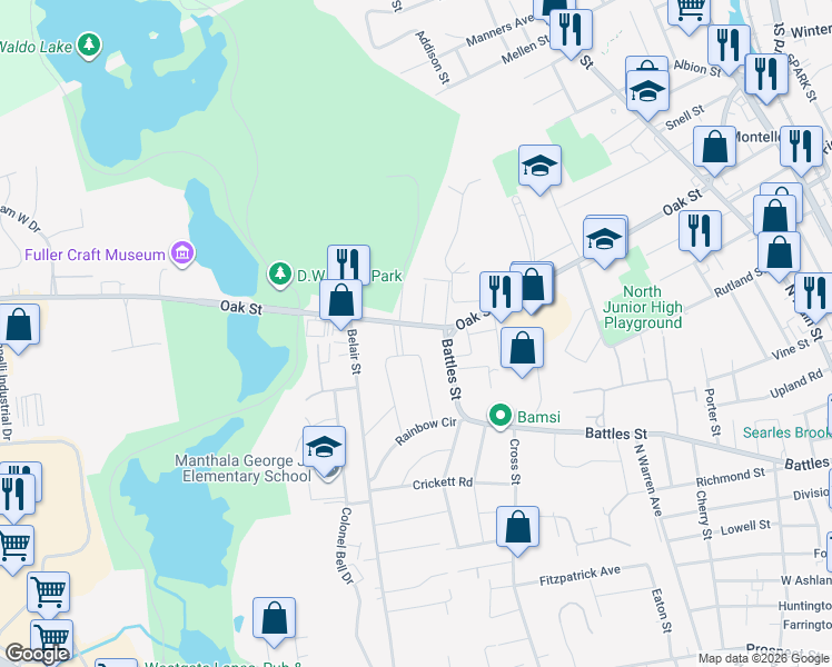 map of restaurants, bars, coffee shops, grocery stores, and more near 5 Oak Ridge Drive West in Brockton
