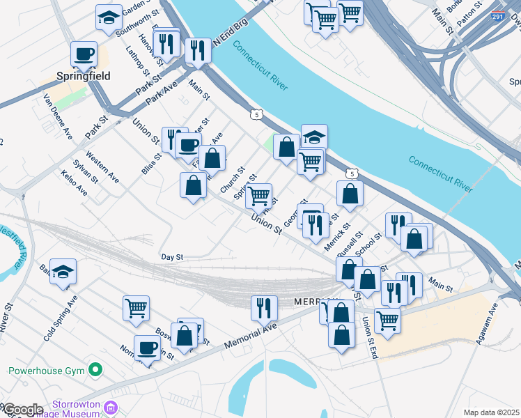 map of restaurants, bars, coffee shops, grocery stores, and more near 84 Hill Street in West Springfield