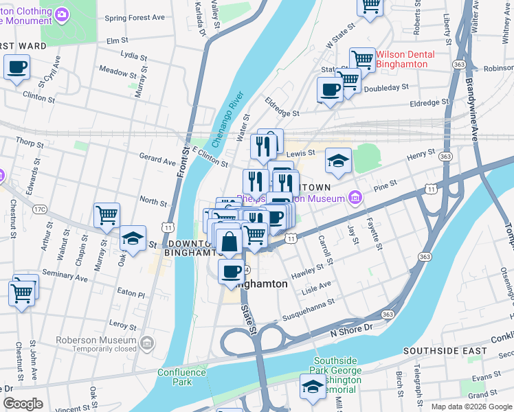 map of restaurants, bars, coffee shops, grocery stores, and more near 18 Henry Street in Binghamton