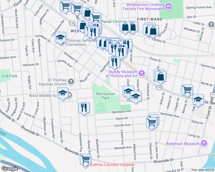 map of restaurants, bars, coffee shops, grocery stores, and more near 21 Schubert Street in Binghamton
