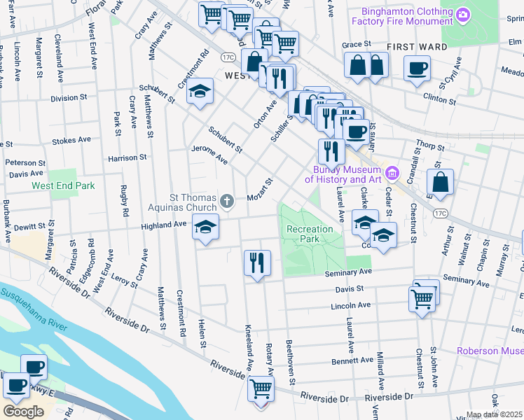 map of restaurants, bars, coffee shops, grocery stores, and more near 2 Highland Avenue in Binghamton