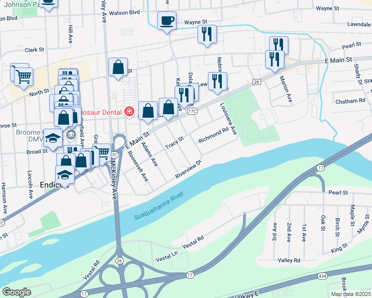 map of restaurants, bars, coffee shops, grocery stores, and more near 415 Jackson Avenue in Endicott