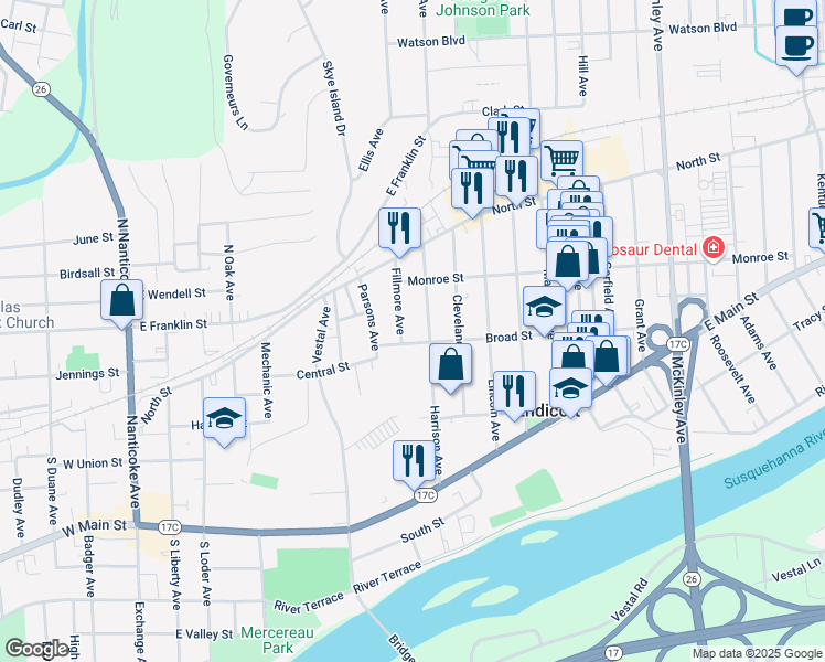 map of restaurants, bars, coffee shops, grocery stores, and more near 707 Broad Street in Endicott