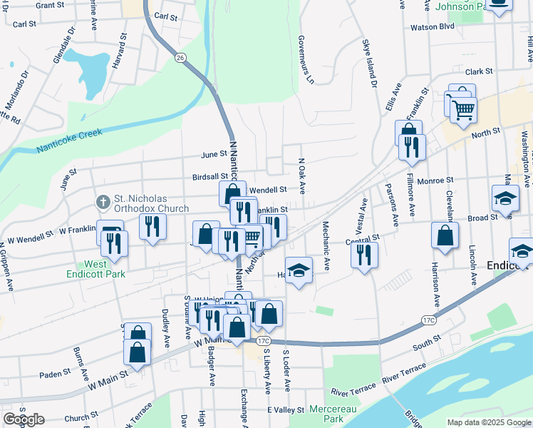 map of restaurants, bars, coffee shops, grocery stores, and more near 12 North Liberty Avenue in Endicott