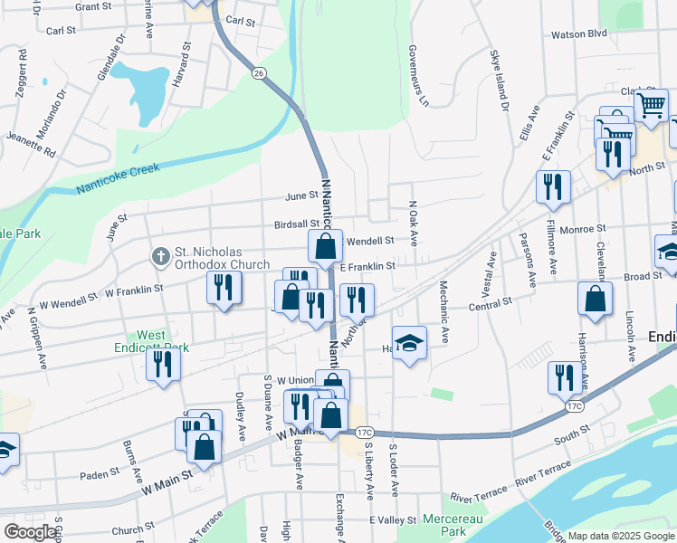 map of restaurants, bars, coffee shops, grocery stores, and more near 108 East Franklin Street in Endicott