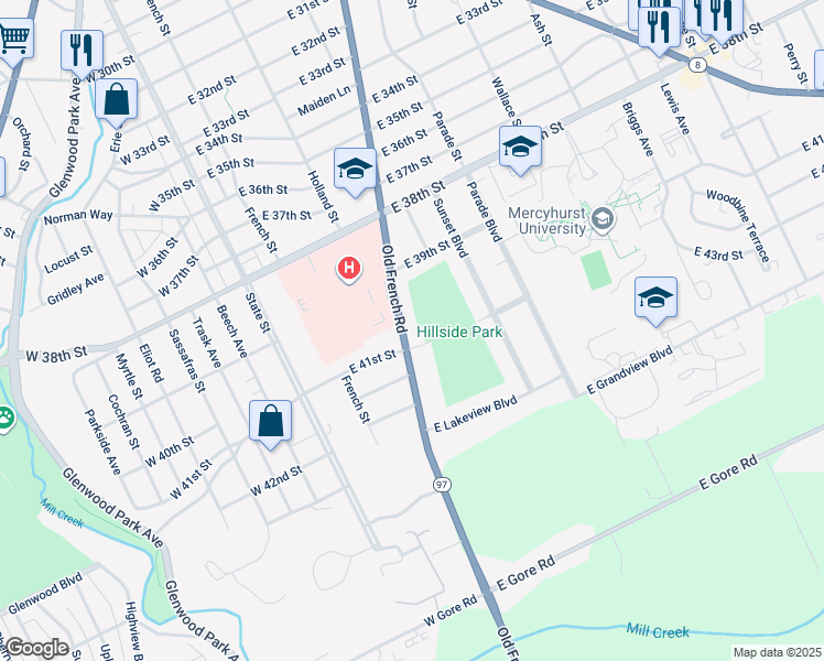 map of restaurants, bars, coffee shops, grocery stores, and more near 4054-4098 Old French Road in Erie