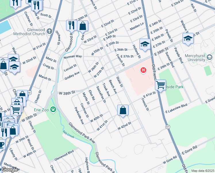 map of restaurants, bars, coffee shops, grocery stores, and more near 3833 Trask Ave in Erie