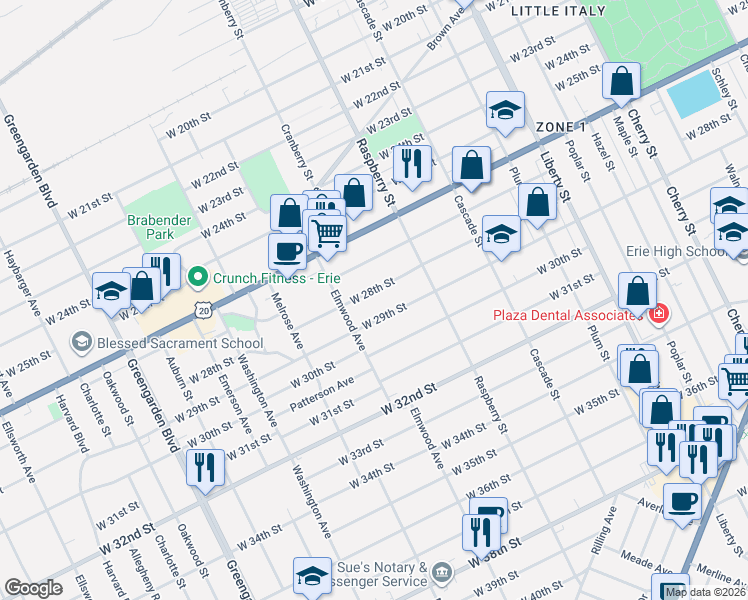 map of restaurants, bars, coffee shops, grocery stores, and more near 1150 West 29th Street in Erie