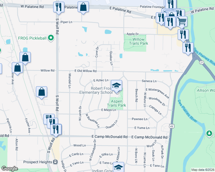 map of restaurants, bars, coffee shops, grocery stores, and more near 1810 Aspen Drive in Mount Prospect