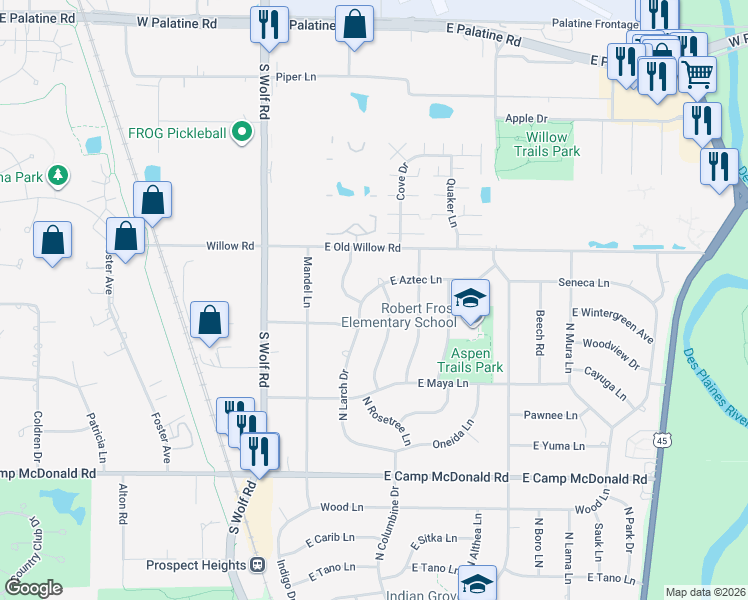 map of restaurants, bars, coffee shops, grocery stores, and more near 1715 East Aztec Lane in Mount Prospect