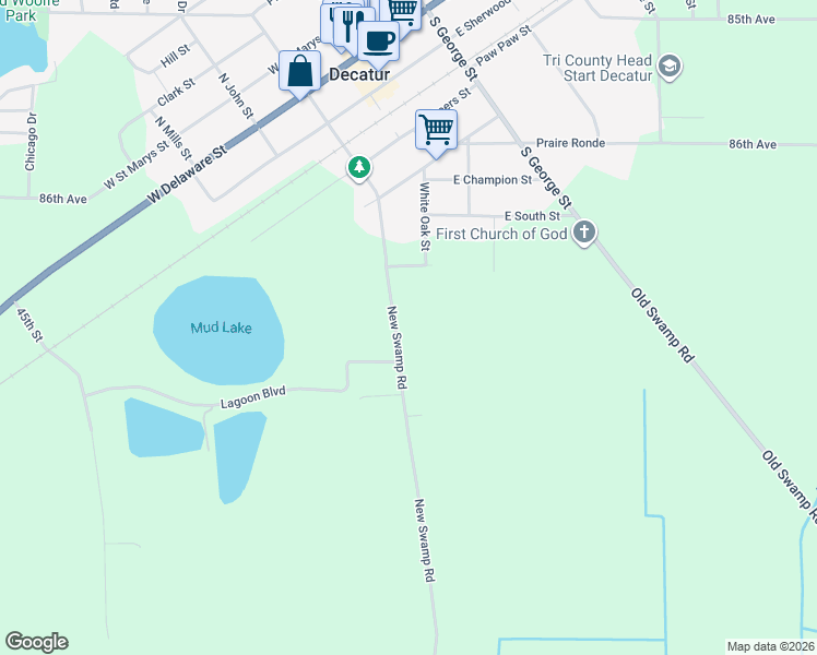 map of restaurants, bars, coffee shops, grocery stores, and more near 87573 County Road 668 in Decatur