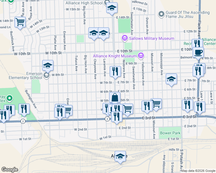 map of restaurants, bars, coffee shops, grocery stores, and more near 100-150 W 6th St in Alliance