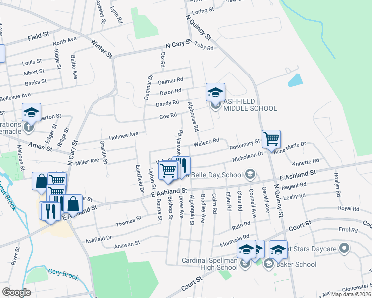 map of restaurants, bars, coffee shops, grocery stores, and more near 68 Colgate Road in Brockton