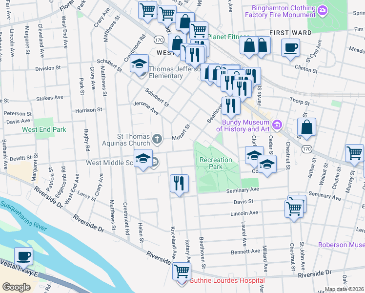 map of restaurants, bars, coffee shops, grocery stores, and more near 2 Highland Avenue in Binghamton