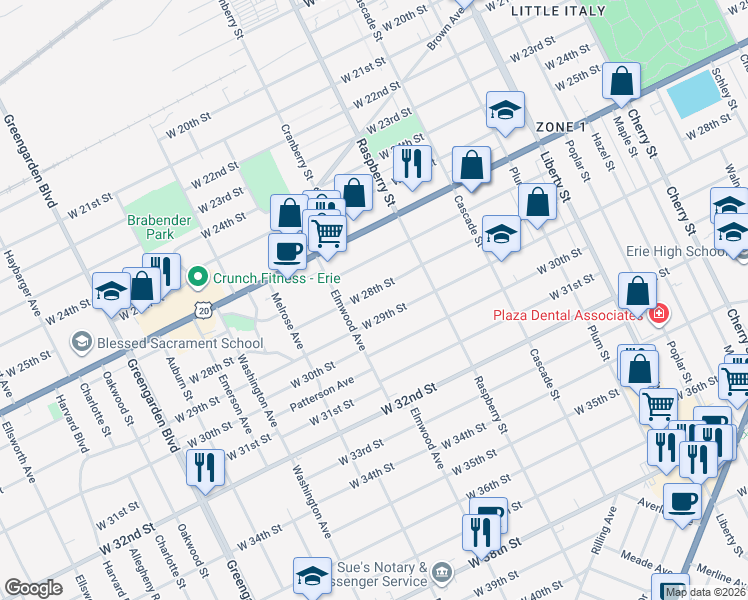 map of restaurants, bars, coffee shops, grocery stores, and more near 1150 West 29th Street in Erie