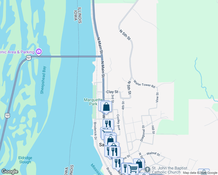 map of restaurants, bars, coffee shops, grocery stores, and more near 218-232 Clay Street in Savanna