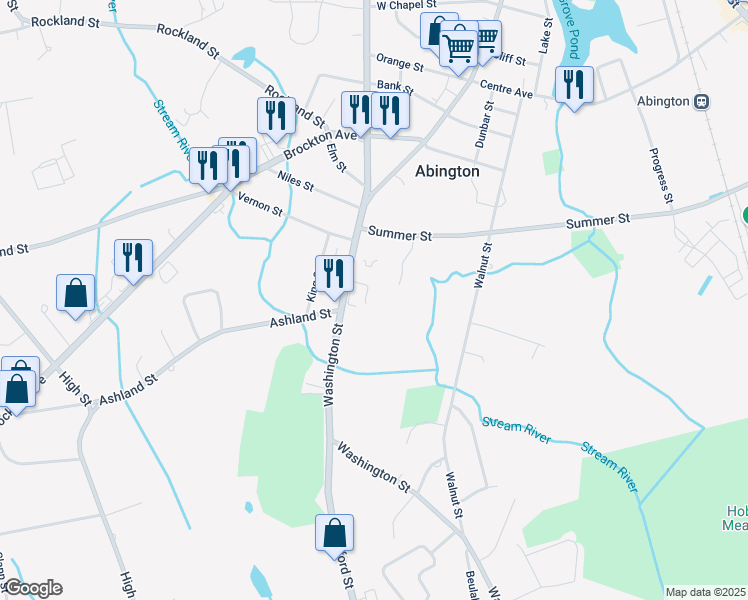 map of restaurants, bars, coffee shops, grocery stores, and more near 277 Washington Street in Abington