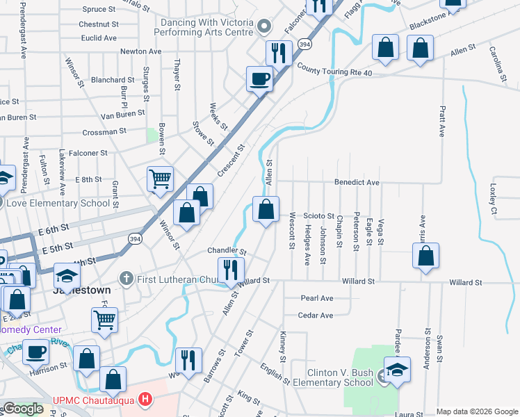 map of restaurants, bars, coffee shops, grocery stores, and more near 583 Allen Street in Jamestown