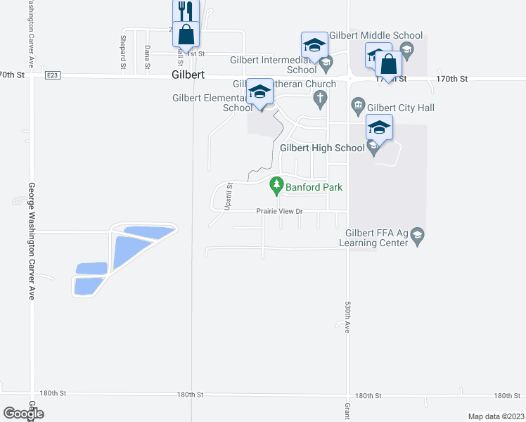 map of restaurants, bars, coffee shops, grocery stores, and more near Prairie View Drive in Gilbert