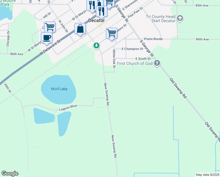 map of restaurants, bars, coffee shops, grocery stores, and more near 87573 County Road 668 in Decatur