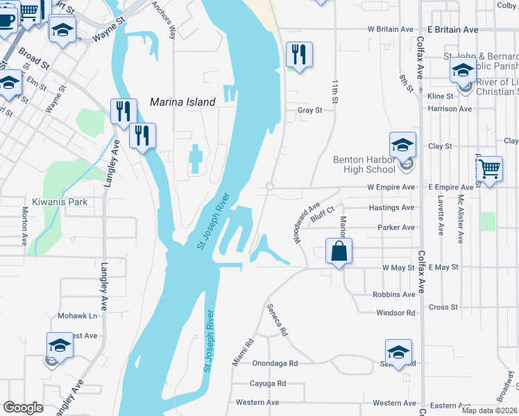 map of restaurants, bars, coffee shops, grocery stores, and more near 1000 Riverview Drive in Benton Harbor